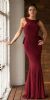 Ruffled Back Fit-n-Flare Long Formal Evening Jersey Dress in Burgundy